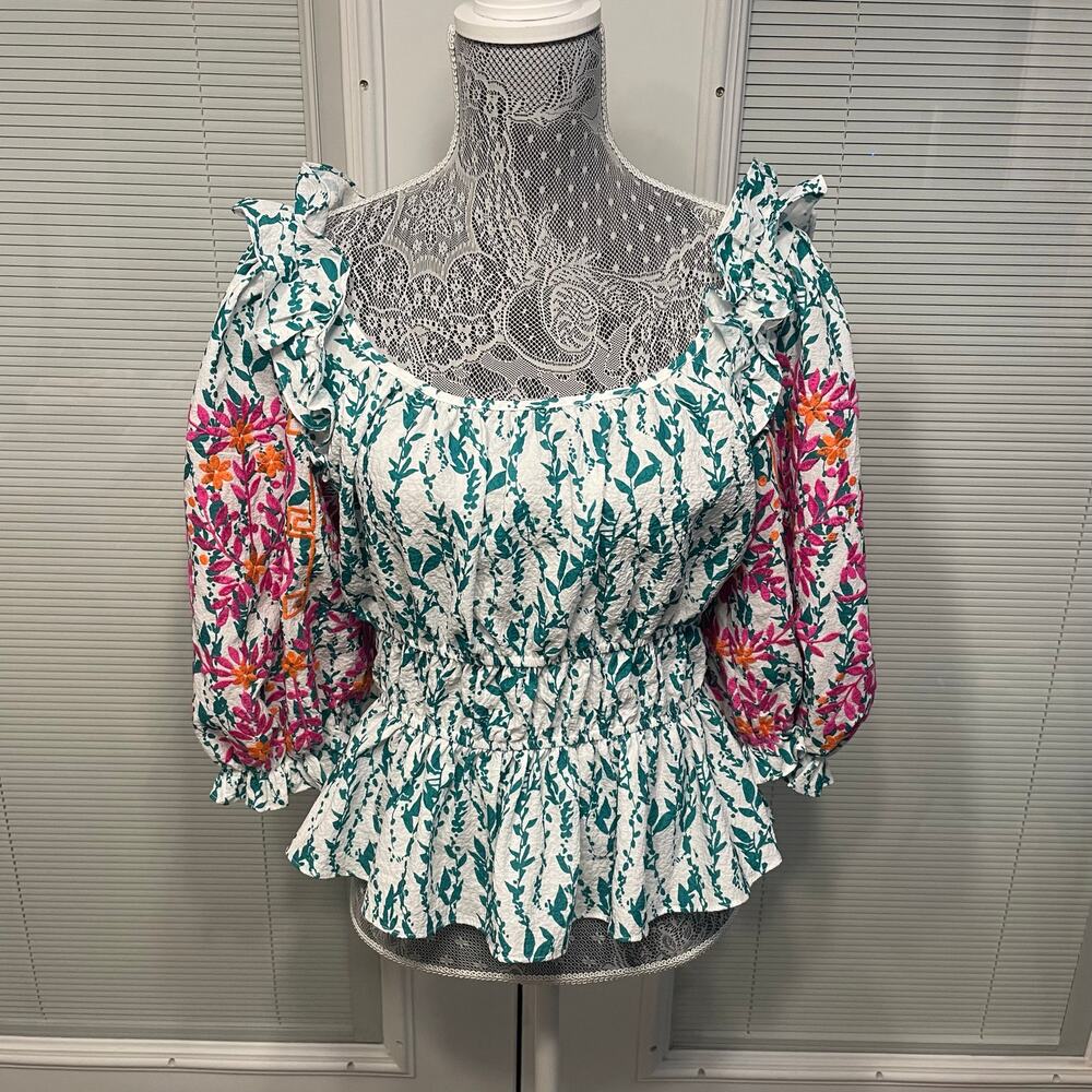 THML Puff Sleeve Embroidered Blouse Top Green White Boho Boutique Ruffle M
